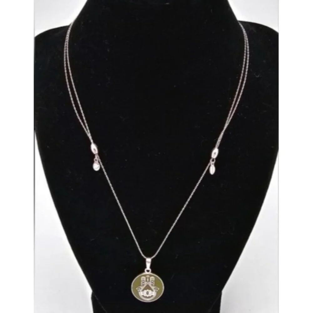 Alex and Ani Silver Tone Hand of Fatima Expandable Necklace Green Enamel Signed - Picture 2 of 6
